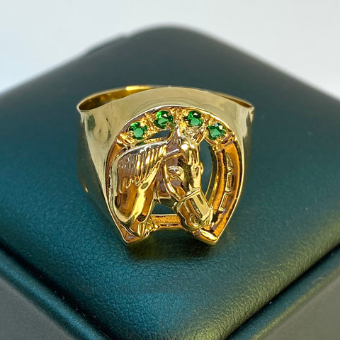Anillo Herradura Caballo Circones Verdes Oro amarillo 18k / Talla 8 3/4 / 3,71 Gr