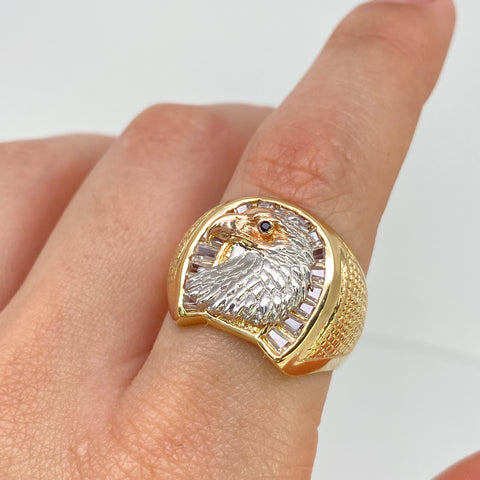Anillo Aguila Circones Blancos Y Negros Tres oros 18k / Talla 10 3/4 / 7,75 Gr