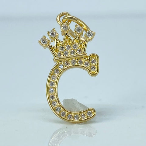 Dije Letra C Corona Circones Blancos Oro amarillo 1,65 Gr / 2,6 Cm *