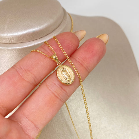 Set Cadena ● Cubana + Dije Virgen Guadalupe Oro amarillo 18k 2,45 Gr / 1,4 mm / 60 Cm