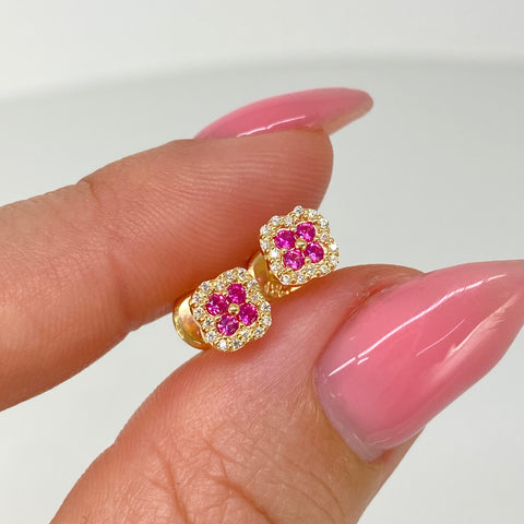 Topos Trebol Circones Blancos Fucsias Oro amarillo 18k 1 Gr / 5,6 mm *