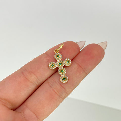 Dije Cruz Circulos Circones Blancos Verdes Oro amarillo 18k 2,15 Gr / 2,8 Cm