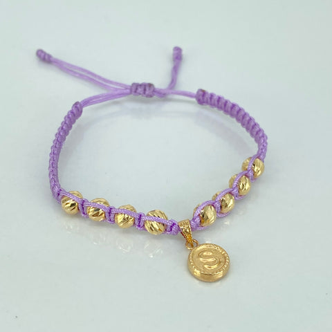 Pulsera tejida Dije Letra S / BD 8uni 5mm / Hilo Lila Oro amarillo 18k 1,3 Gr *
