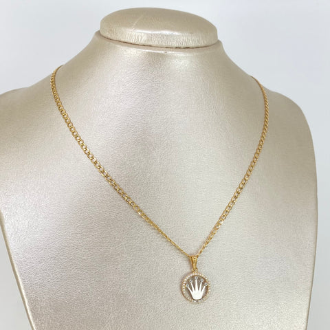 Set Cadena ● Cubana + Dije Corona RX Circones Blancos Oro amarillo y Oro blanco 18k 4,1 Gr / 2,7 mm / 45 Cm *
