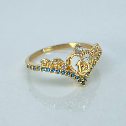 Anillo Tiara 15años Circones Blancos Celestes Oro amarillo / Talla 6 1/4 / 2 Gr †