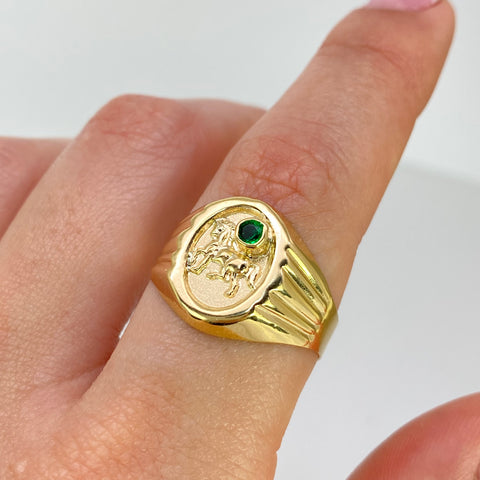 Anillo Caballo Circon Verde Oro amarillo 18k / Talla 10 1/4 / 2,65 Gr *