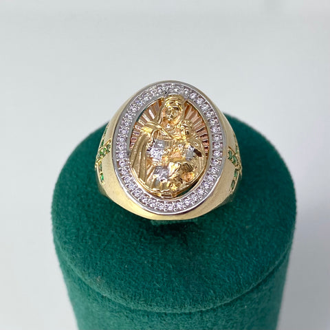Anillo Virgen Del Carmen  Circones Blancos Y Verdes Tres oros 18k / Talla 8 1/2 / 9,85 Gr †
