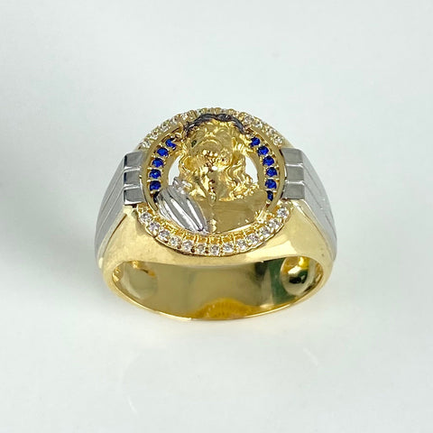 Anillo Rostro Cristo Circones Blancos Y Azules Oro amarillo y Oro blanco 18k / Talla 9 1/2 / 7,67 Gr †