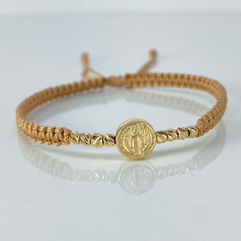 Pulsera tejida Pareja Herraje San Benito / BD 8uni 3mm / Hilo Beige Oro amarillo 1,25 Gr †