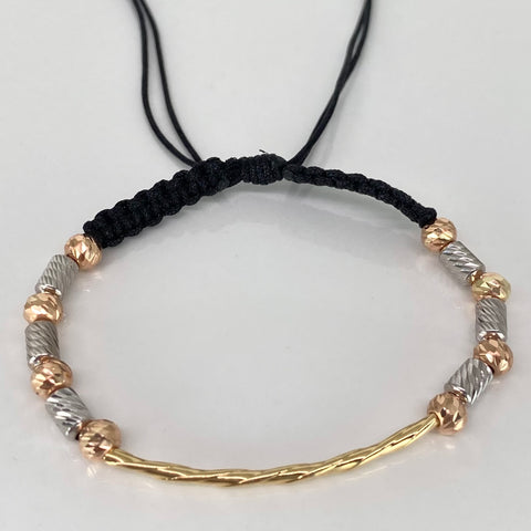 Pulsera tejida Herraje Entorchado / Cilindros BD 5mm 8uni / Hilo Negro Tres oros 18k 2,2 Gr *