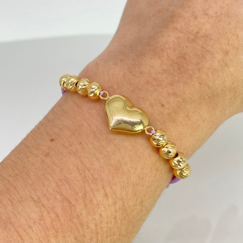 Pulsera tejida Herraje Corazon / BD 6uni 6mm / Hilo Lila Oro amarillo 18k 2,25 Gr †