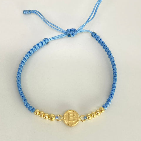 Pulsera tejida Herraje Letra B / BL 8uni 3mm / Hilo Celeste Oro amarillo 18k 0,88 Gr *