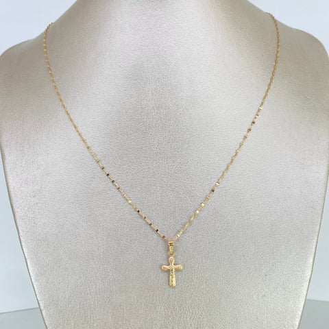 Set Cadena ● Flor Espejo + Dije Cruz Cristo Oro amarillo 18k 1,27 Gr / 1,1 mm / 45 Cm