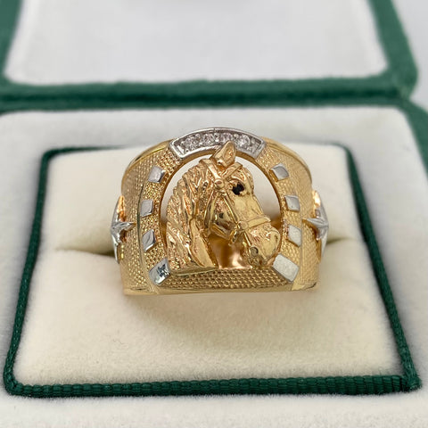 Anillo Herradura Caballo Circones Blancos Oro amarillo y Oro blanco 18k / Talla 11 / 7,55 Gr