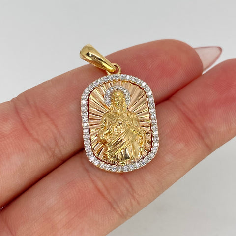 Dije Medalla Sagrado Corazon Circones Blancos Tres oros 18k 4,42 Gr / 3 Cm  †
