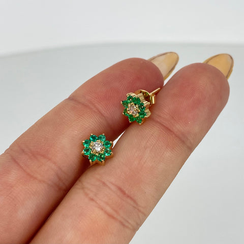 Topos Flor Esmeraldas 20PTS / Diamantes 8PTS Oro amarillo 1,8 Gr / 7,3 mm †