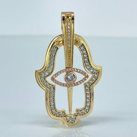Dije Mano Hamsa Circones Blancos Tres oros 10,01 Gr / 4,8 Cm *