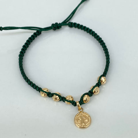 Pulsera tejida Dije San Benito / BD 6uni 5mm / Hilo Verde Oro amarillo 18k 1,0 Gr *