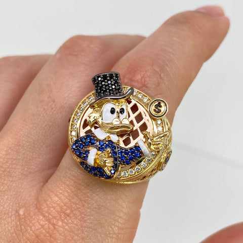 Anillo Pato Caricatura Circones Blancos Negros Y Azules Oro amarillo 18k / Talla 9 1/4 / 11,16 Gr