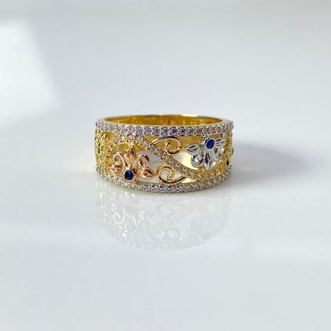 Anillo Flores Circones Verdes Azul Y Blancos Tres oros 18k / Talla 8 3/4 / 5,13 Gr