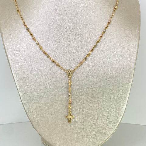 Rosario Bolas Diamantadas Virgen Milagrosa Circones Blancos Tres oros 18k 7,26 Gr / 4 mm / 50 Cm