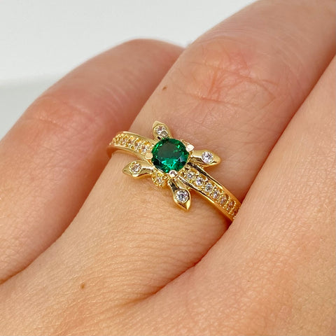 Anillo Solitario x Circones Blancos Verde Oro amarillo 18k / Talla 6 / 2,17 Gr *