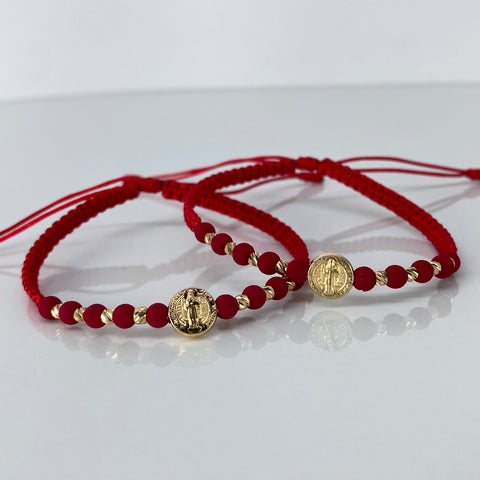 Pulsera tejida Pareja Herraje San Benito / BD 8uni 3mm / Hilo Rojo Neoprenos Oro amarillo 1,25 Gr †