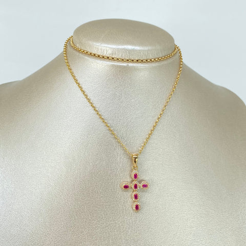 Set Cadena ● Aro Seguido + Dije Cruz Circones Fucsias Oro amarillo 18k 3,18 Gr / 2 mm / 50 Cm *