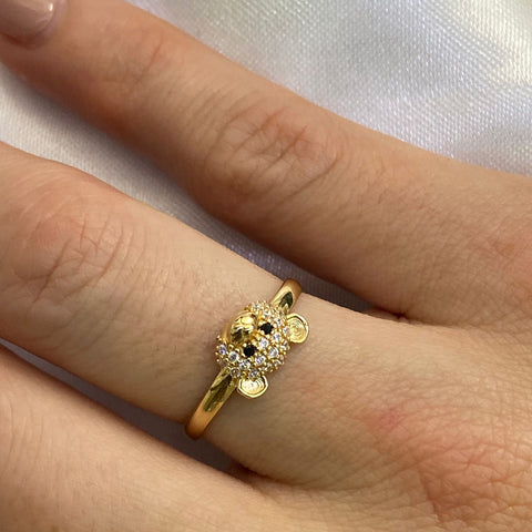 Anillo Cara De Oso Circones Blancos Y Negros Oro amarillo 18k / Talla 6 1/2 / 1,75 Gr *