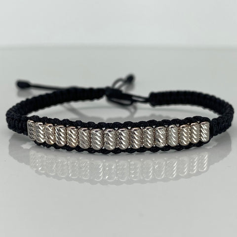 Pulsera tejida Cilindros Diamantados / Hilo Negro Oro blanco 18k 1,73 Gr *
