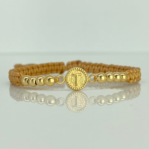 Pulsera tejida Herraje Letra T / BL 8uni 4mm / Hilo Beige Oro amarillo 18k 1,17 Gr †