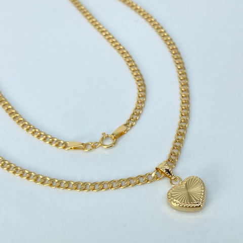 Set Cadena ● Cubana + Dije Corazon Diamantado Oro amarillo 18k 2,7 Gr / 2,5 mm / 45 Cm *