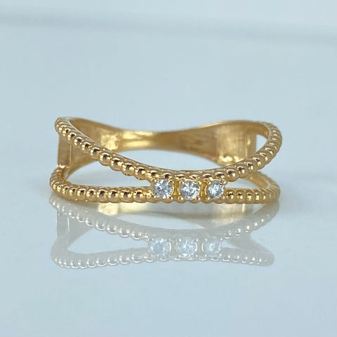 Anillo Lineas Curvas Punteado Circon Blanco Oro amarillo / Talla 6 1/2 / 2,03 Gr