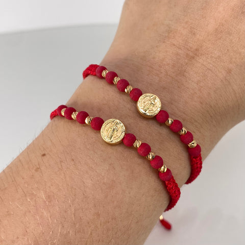 Pulsera tejida Pareja Herraje San Benito / BD 8uni 3mm / Hilo Rojo Oro amarillo 1,25 Gr *