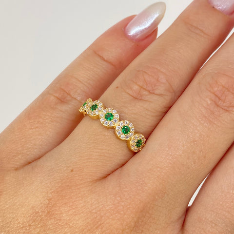 Anillo Circulos Circones Verdes Blancos Oro amarillo 18k / Talla 6 3/4 / 2,3 Gr †