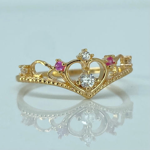 Anillo Tiara 15años Circones Blancos Rosas Oro amarillo / Talla 7 3/4 / 2,12 Gr *