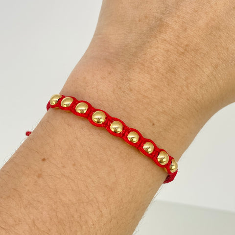 Pulsera tejida Bolas Lisas 9uni 5mm / Hilo Rojo Oro amarillo 18k 0,92 Gr †