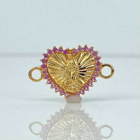 Herraje Corazon Virgen Guadalupe Circones Rosas Oro amarillo 18k 1,45 Gr / 1,9 Cm