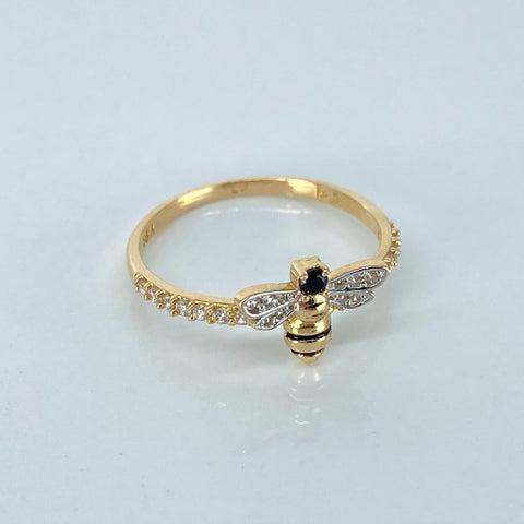 Anillo Abeja Circones Blancos Negro Oro amarillo 18k / Talla 7 3/4 / 2,1 Gr