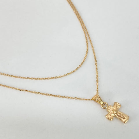 Set Cadena ● Aro Seguido + Dije Cruz Mini Cristo Oro amarillo 18k 1,5 Gr / 1 mm / 45 Cm *
