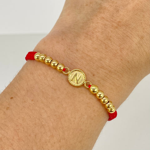 Pulsera tejida Herraje Letra N / BL 10uni 4mm / Hilo Rojo Oro amarillo 18k 1,31 Gr *