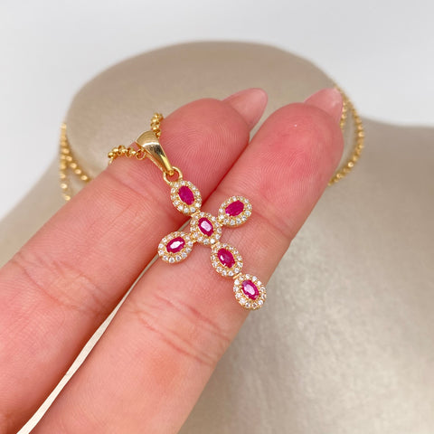 Set Cadena ● Aro Seguido + Dije Cruz Circones Fucsias Oro amarillo 18k 3,18 Gr / 2 mm / 50 Cm *