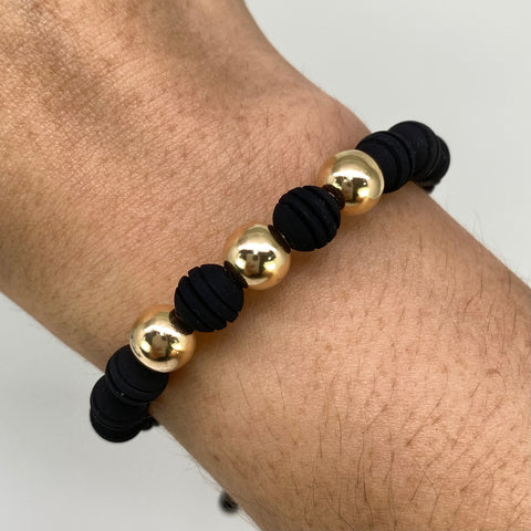 Pulsera tejida Bolas Lisas 8 mm Hilo Negro Oro amarillo 18k 0,93 Gr *