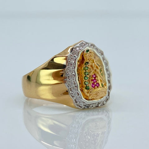 Anillo Contorno Virgen Guadalupe Circones Blancos Fucsias Y Verdes Oro amarillo y Oro blanco 18k / Talla 6 3/4 / 4,40 Gr *