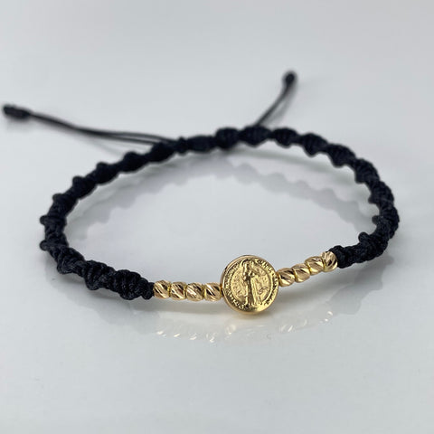 Pulsera tejida Pareja Herraje San Benito / BD 8uni 3mm / Hilo Negro Oro amarillo 1,25 Gr †