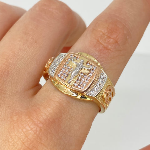 Anillo Cuadro Central Cruz Cristo Circones Blancos Tres oros 18k / Talla 10 1/4 / 8,80 Gr