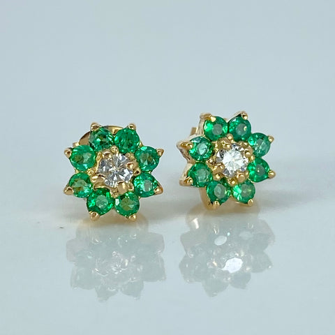 Topos Flor Esmeraldas 20PTS / Diamantes 8PTS Oro amarillo 1,8 Gr / 7,3 mm †