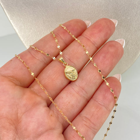 Set Cadena ● Flor Espejo Crispeta + Dije San Miguel Arcangel Oro amarillo 18k 1,22 Gr / 1,5 mm / 45 Cm