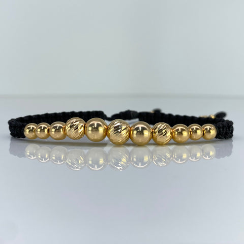 Pulsera tejida Bolas Lisas 7- 6 - 5 - 3 mm Y Diamantada 8 - 7 mm / Cilindros Hilo Negro Oro amarillo 18k 2,55 Gr *