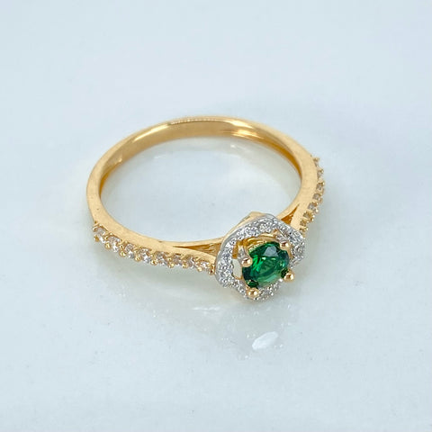 Anillo Solitario Flor Circones Blancos Verdes Oro amarillo 18k / Talla 6 3/4 / 2 Gr *